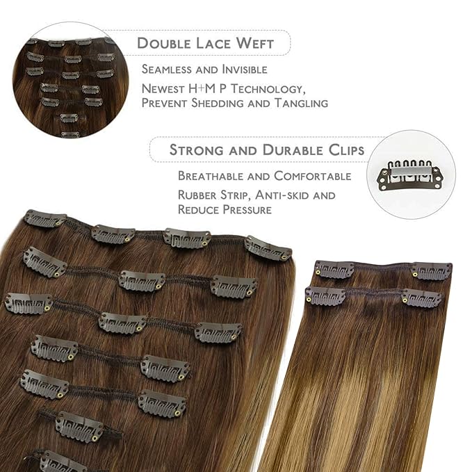 WENNALIFE Clip in Hair Extensions, 150g 22 Inch 9pcs Balayage Chocolate Brown to Caramel Blonde Human Hair Extensions Thicker Clip in Hair Extensions Real Human Hair Clip Set Double Weft