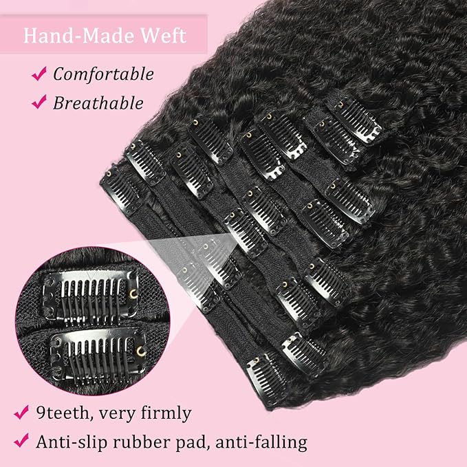 18 Inch Clip in Human Hair Extensions 110g 8Pcs with 18Clips Clip in Extensions for Black Women Natural Black Brazilian Human Hair Double Weft Kinky Straight Clip Ins（1B Color）