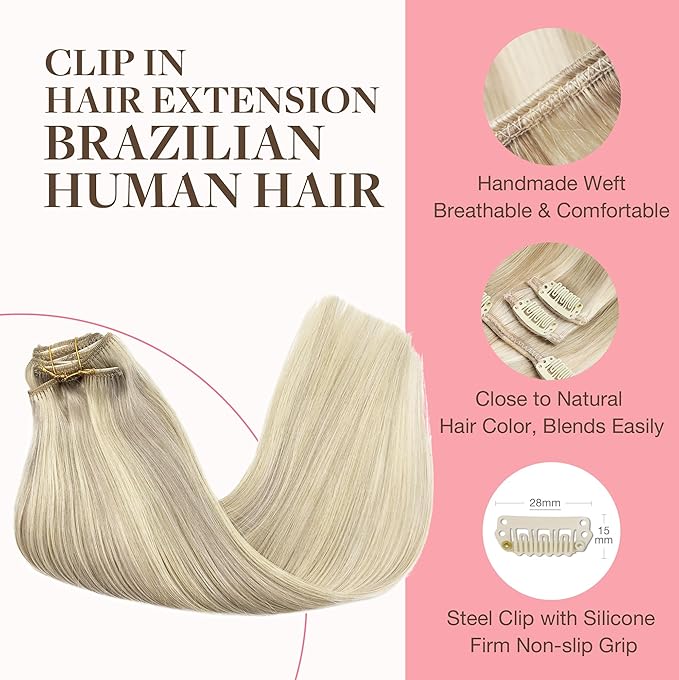 GOO GOO Clip in Hair Extensions Real Human Hair, Remy Human Hair Extensions Clip ins for Women, Natural Human Hair, 20inch 160g 7Pcs, #17A/60A Ash Blonde Highlighted Platinum Blonde