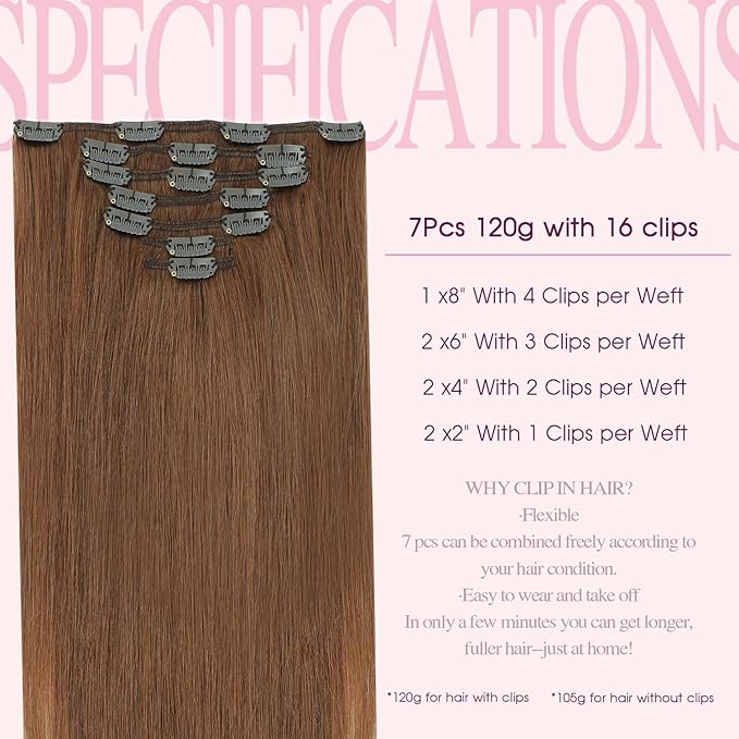 PINKPEARL Clip in Hair Extensions Real Human Hair, Remy Human Hair Extensions Clip ins for Women, Natural Human Hair, 22inch 120g 7Pcs, #33 Auburn(#33-22)