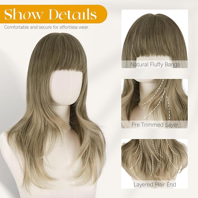 SOFEIYAN Long Straight Layered Brown Ombre Blonde Wig with Bangs 24 Inch Synthetic Natural Hair Wig Soft Heat Resistant Long Wigs for Women Daily Party Use