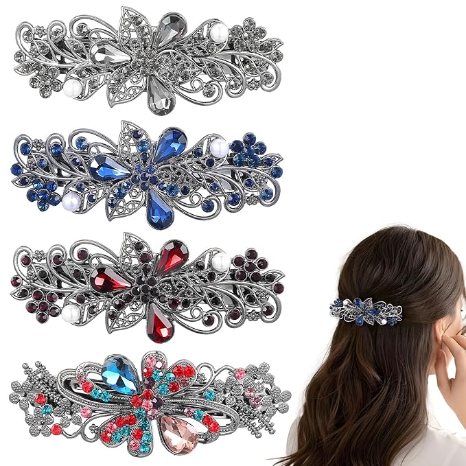 Vintage Hair Clips 4 Pcs Flower Crystal Rhinestones Barrette Set Sparkling Rhinestone Hair Barrettes For Women, Retro Flower Pearl Crystal Hair Clip, Butterfly Rhinestone Spring Hair Barrette Clip
