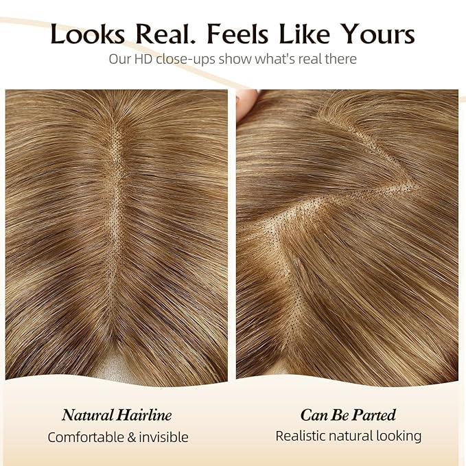 Large MONO Top Hair Toppers for Women Remy Human Hair 14 Inch 6"x7" Big Base Partial wig Cover Thinning Hair or Loss No Bangs Natural Wiglets(Light Brown Highlights)