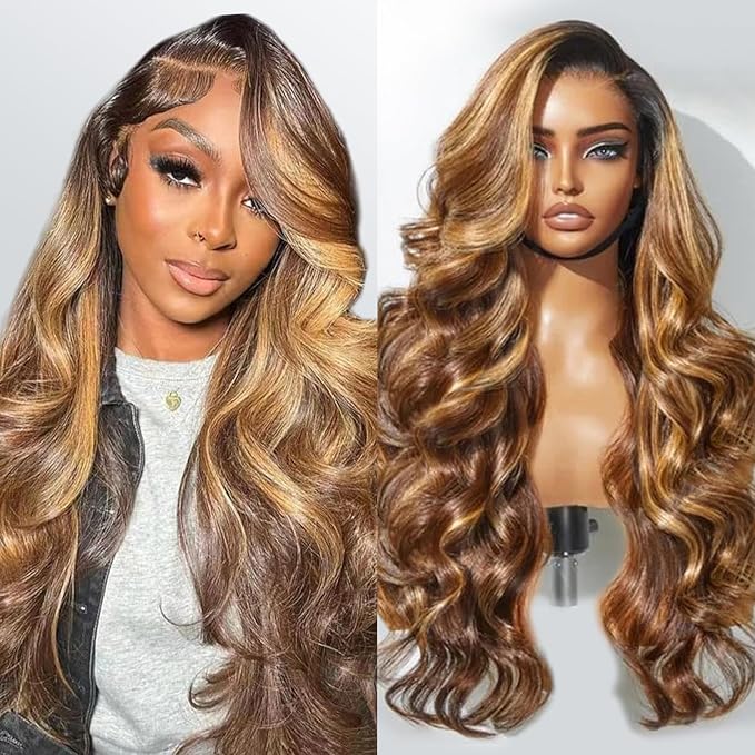 210% Density 13x6 Highlight Ombre Full Lace Frontal Wigs Human Hair 12A Body Wave Brazilian Human Hair Pre Plucked 4/27 Honey Blonde HD Glueless Transparent Lace with Baby Hair 24 Inch