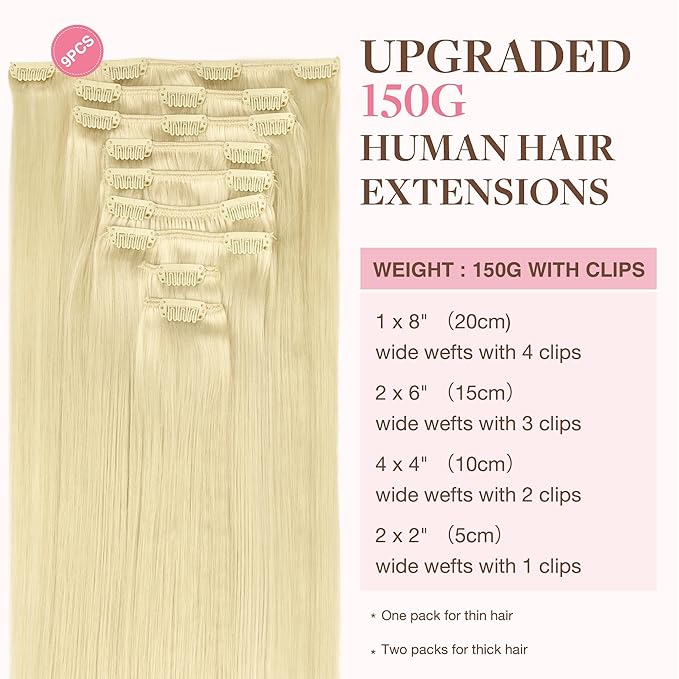 GOO GOO Clip in Hair Extensions Real Human Hair, Remy Human Hair Extensions Clip ins for Women, Natural Human Hair, 14inch 150g 9Pcs, 613R Bleach Blonde