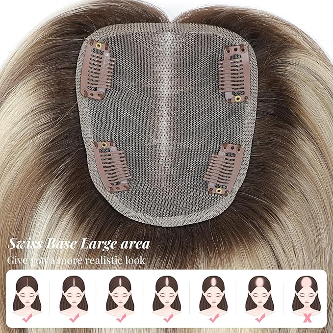 Human Hair Topper 12Inch 4x4.8inch Large Swiss Base with Thinning Hair (Ombre Light Brown with Blond Highlight)