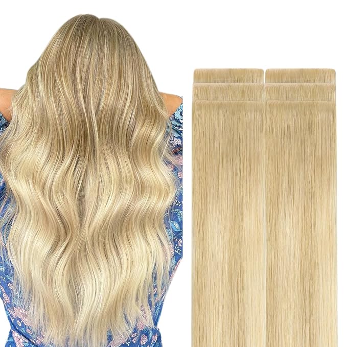 GOO GOO Invisi Edge Tape in Hair Extensions Human Hair, 18AT60A Pearl Ash Blonde Highlights, 6pcs 10inch 15g, Virgin Remy Hair, Seamless Injected Tape, Natural Look