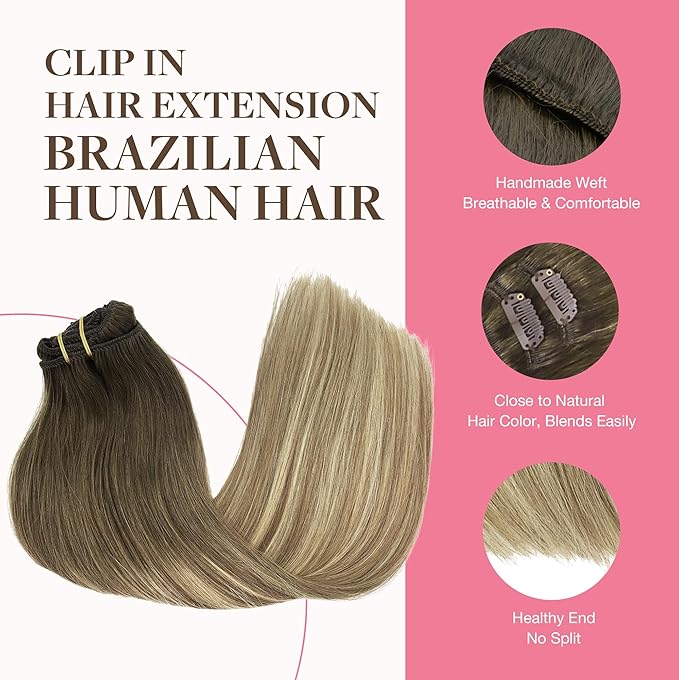 GOO GOO Clip in Hair Extensions Real Human Hair, Remy Human Hair Extensions Clip ins for Women, Natural Human Hair, 14inch 150g 9Pcs, 3/8/613 Balayage Walnut Brown to Ash Brown and Bleach Blonde