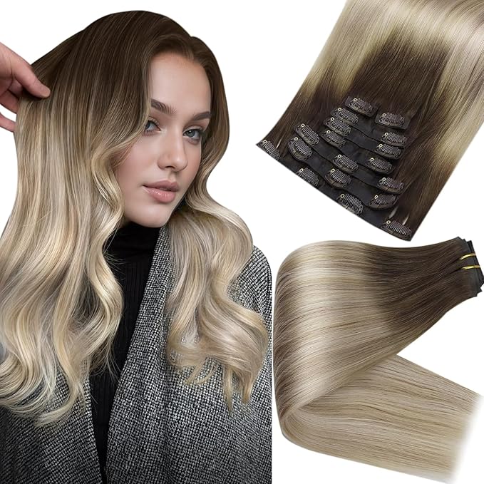Full Shine Ombre Clip in Hair Extensions 12 Inch Dark Root Brown to Platinum Blonde Real Human Hair with PU Weft Seamless Hair Extensions 8 PCS 95 Grams