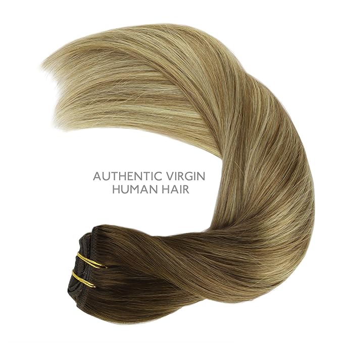 WENNALIFE Clip in Hair Extensions, 150g 20 Inch 9pcs Ombre Walnut Brown to Ash Brown and Bleach Blonde Human Hair Extensions Thicker Clip in Hair Extensions Real Human Hair Clip Set Double Weft