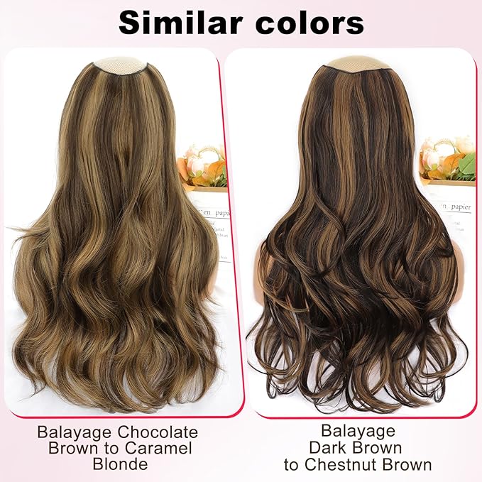 ALXNAN Clip in Hair Extensions,Balayage Dark Brown to Chestnut Long Wavy Hair Extensions Soft Synthetic Thick Hairpieces for Women 20 Inch
