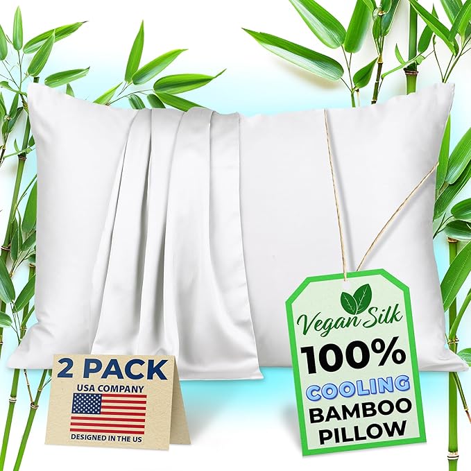Pillow Cases - 100% Viscose Derived from Bamboo - Cooling Pillowcase - Queen Size, White, Set of 2 Zippered - for Hot Sleepers - Soft Pillow Covers - by Vegan Silk