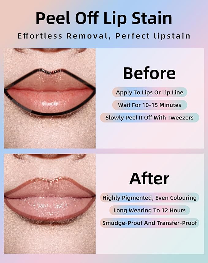 KIMUSE Lip Stain Peel Off, Peel Off Lip Liner Stain with Tweezer, Long Lasting, Waterproof, Transfer Proof Lipstains Color, Smudge-Free, Easy Removal, Matte Finish