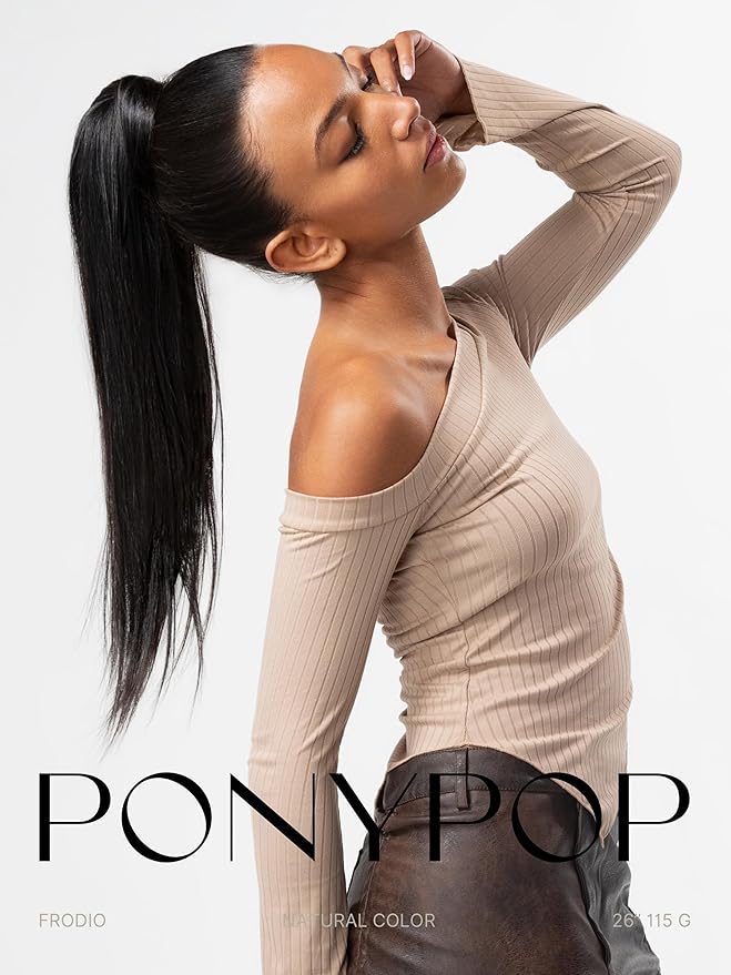 Frodio Clip in Ponytail Extension Human Hair for women Straight 18 Inches Long Straight Hair drawstring Ponytail Natural Color