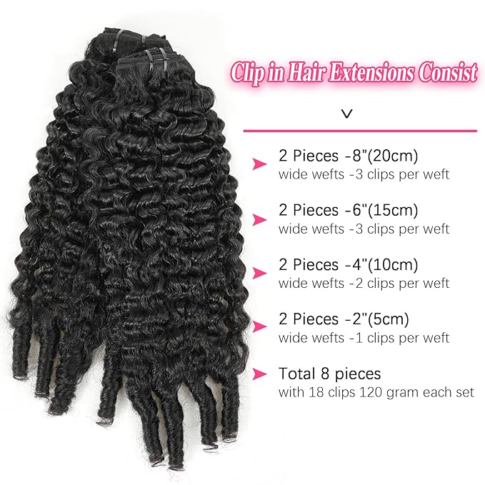 Burmese Curly Clip in Hair Extensions, 22 Inch Natural Black #1B Color Brazilian Human Hair Extensions, Clip on Hair Burmese Curly Style for Women