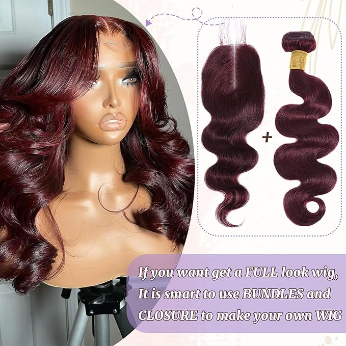 2x6 HD Lace Closure Human Hair Body Wave 99J Burgundy Dark Red Wine Color Transparent Lace Closure 2x6 Long Deep Middle Part 100% Raw Virgin Human Hair 18 Inch 150% Density