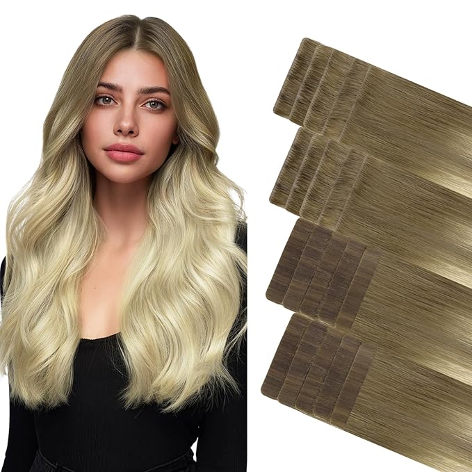 GOO GOO Invisi Edge Tape in Hair Extensions Human Hair, 9/60 Balayage Ash Brown to Platinum Blonde 10pcs injected with 10pcs classical tape ins, 22inch 50g, Virgin Remy Hair, Natural Look