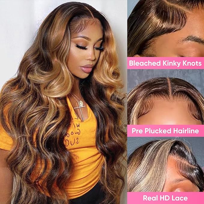 Honey Blonde Ombre 13x6 Lace Front Wig Human Hair 210 Density Highlight Body Wave Lace Front Wigs Human Hair Pre Plucked Glueless Lace Frontal Wig for Women 4/27 Colored 36Inch