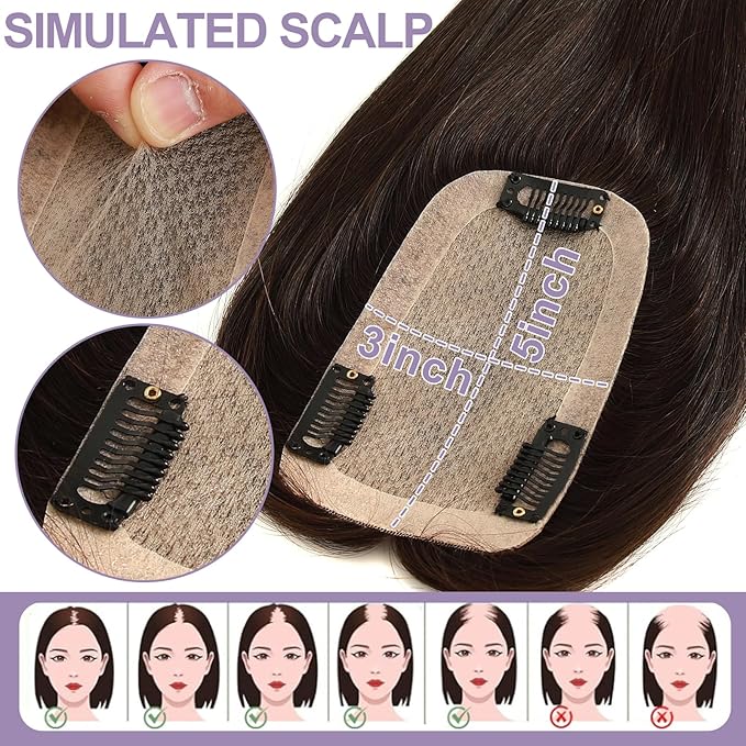 Hair Toppers for Women Real Human Hair, 3x5 Inch Injected Silk Base 12 Inch Length 130% Density No Bangs Hairpieces #1C Natural Black (Subtle Red Undertones in Sunlight)