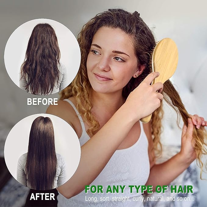 2Pcs Hair Brush, Natural Bamboo Hair brushes Set With Paddle Detangling Wooden Hairbrush and Mini Travel Size Brush, Massage Scalp Thick/Thin/Curly/Dry Hair For Women Men and Kids by MRD