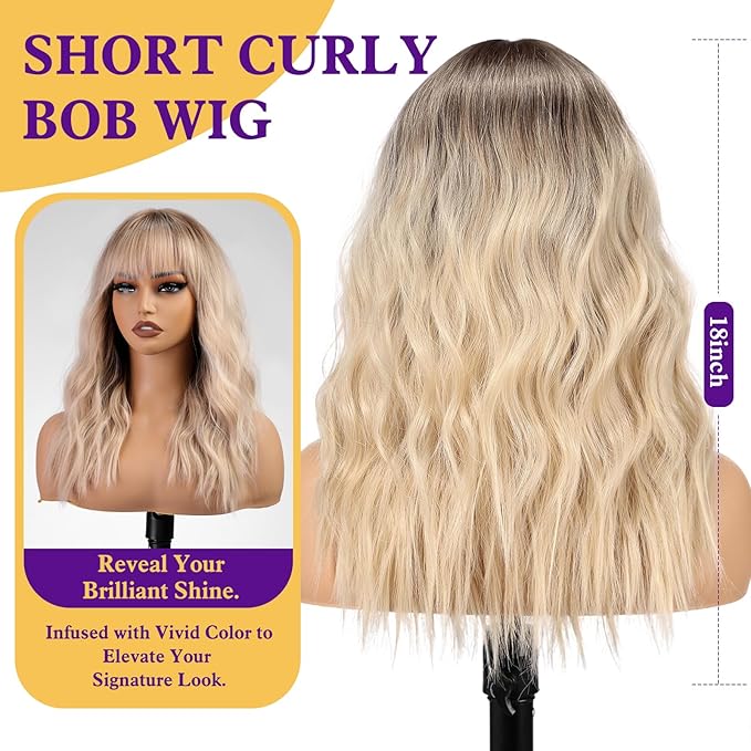 Blonde Wig with Bangs,Dirty Blonde Wavy Wigs for Women,Shoulder Length Curly Synthetic Hair Wig for Party Daily Use 18IN…