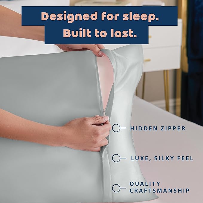 BLISSFORD Satin Pillowcase with Zipper, for Hair and Skin Care, Feels Soft and Cool Like a Silk Pillowcase, Satin Pillow Cases 2 Pack, Slik Pillow Cover, Silver Grey - King Size, Set of 2