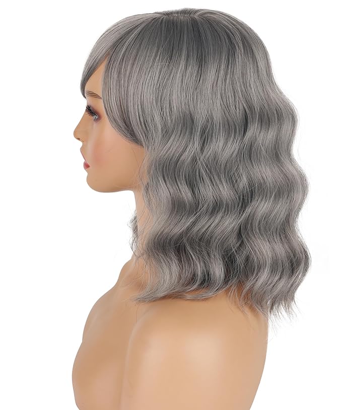 Short Gray Wavy Wigs For Black Women With Bangs - Synthetic Silver Grey Wavy Wigs For Daily Use