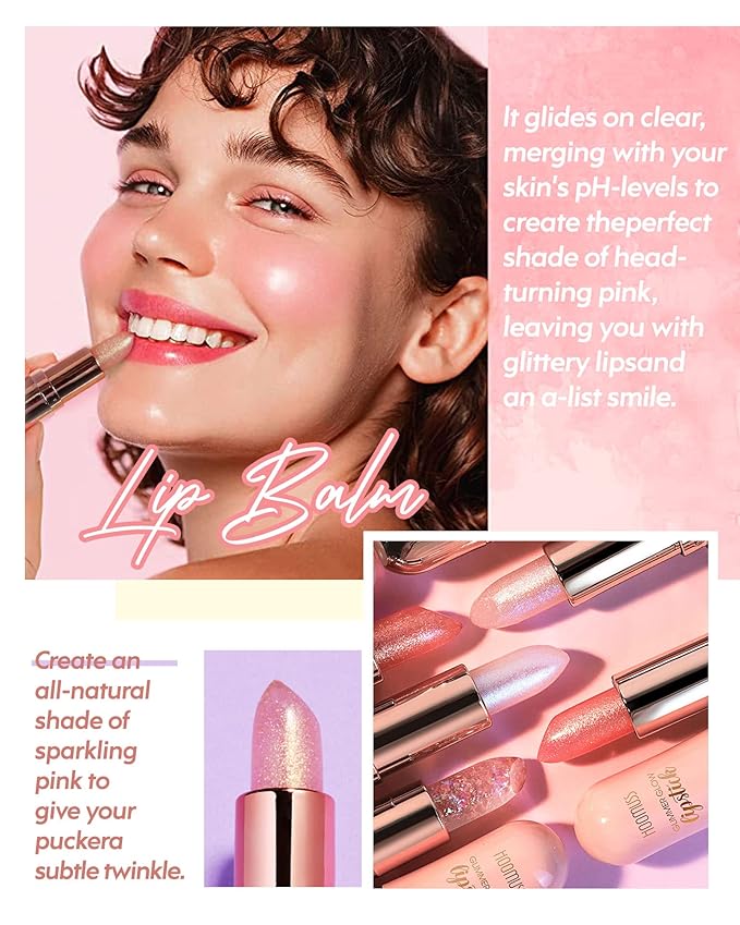 Glimmer Balm, Tinted Lip Balm Long Lasting PH Lipstick, Color Changing Lipstick Natural Chapstick, Glitter Pink Shade Lipstick (Rainbow)