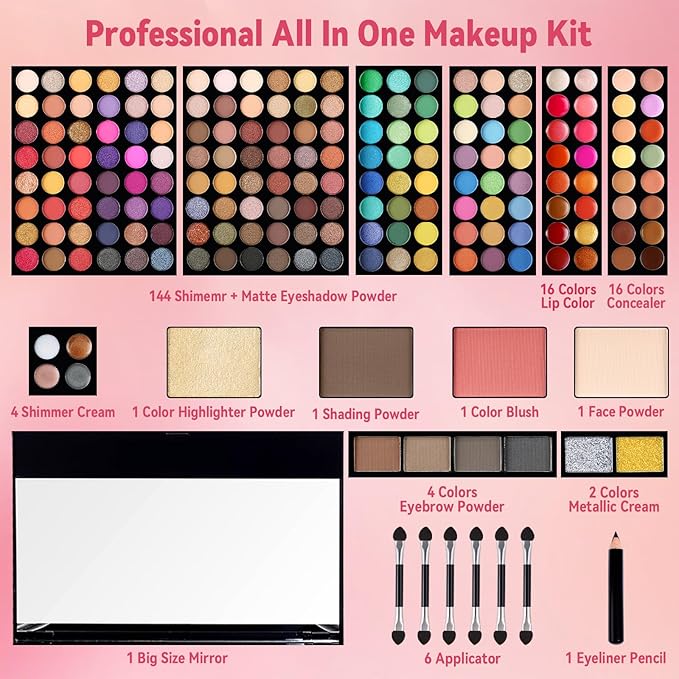 CHARMCODE 190 Colors Cosmetic Make up Palette Set Kit Combination with Eyeshadow Facial Blusher Eyebrow Powder Face Concealer Powder Eyeliner Pencil A Mirror All-in-One Makeup Gift Sets For Women