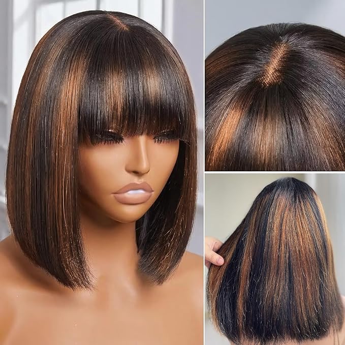 Bob Wig Human Hair with Bangs Glueless 2.5x1 HD Lace Colsure Wigs Human, Bob Wig with Brown Highlights, Wear to Go Short Wigs For Women Beginner Friendly 12 Inch