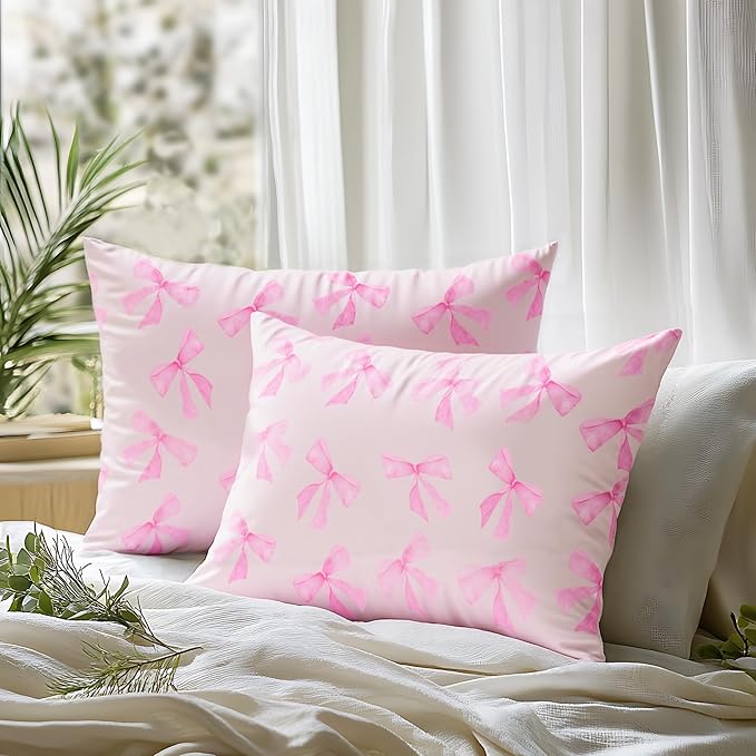 Pink Bow Satin Pillowcase for Hair & Skin Care, Queen Size Set of 2 - Luxurious Satin Pillow Cover with Envelope Closure(20x30 Inches)