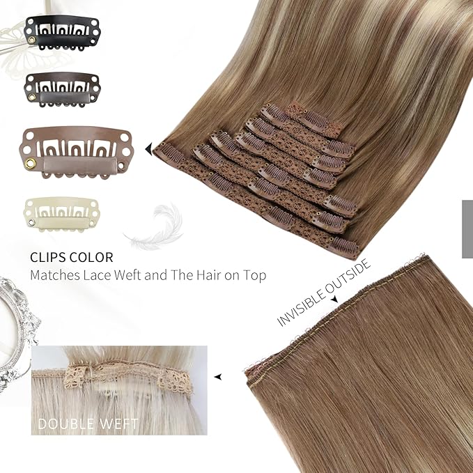 Moresoo Clip in Hair Extensions Brown to Blonde Ombre Hair Extensions Clip ins Real Human Hair Light Brown to Medium Blonde Full Head for Women Long Straight 120g/7pcs 18inch