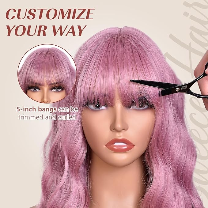 Pink Wig With Bangs Wave Bob Wigs for Women 14 Inch Short Loose Wavy Heat Resistant Synthetic Wig Shoulder Length Hair for Daily and Cospaly Party Use