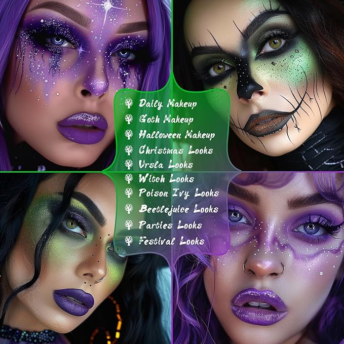UCANBE 2pcs Eyeshadow Palette Makeup Set, Green Purple Color Shimmer Matte Metallic Eye Shadow Pallet with Soft Brush Eye Make Up Kit for Halloween Cosplay Costume Beetlejuice Medusa Poison Ivy Ursula