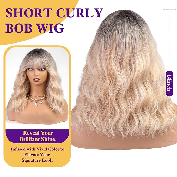 Curly Bob Wig with Bangs Short Wavy Ombre Blonde Wigs for Women Lob Haircut Synthetic Heat Resistant Bob Wigs 14IN