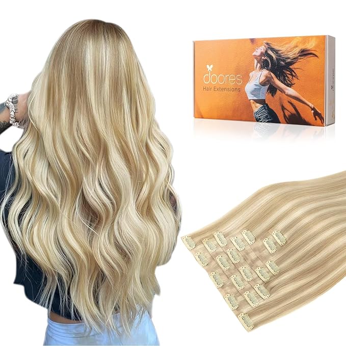 DOORES Human Hair Clip in Extensions, Dark Blonde Highlighted Bleach Blonde 22 Inch 110g 7pcs, Seamless Clip in Hair Extensions Real Human Hair Skin Weft Remy Straight Hair Invisi Edge Hair Extensions