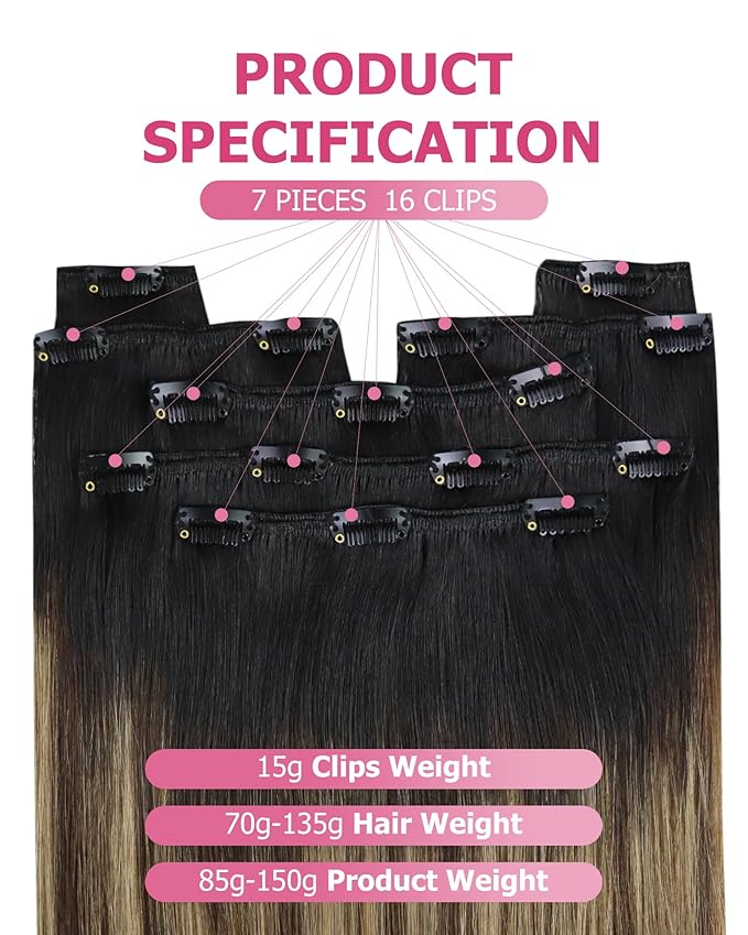 YoungSee 150G Balayage Clip in Hair Extensions Black Ombre Human Hair Clip in Extensions Natural Black Roots to Brown with Caramel Blonde Clip ins Extensions Real Human Hair 7Pcs 20Inch