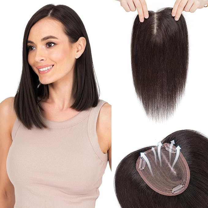 Hairro 100% Human Hair Topper No Bangs, Real Clip in Hair Hairpieces for Women, 3.94x4.72 Silk Base for Thinning Receding High Hairline, 12 Inch Natural Black Side Part