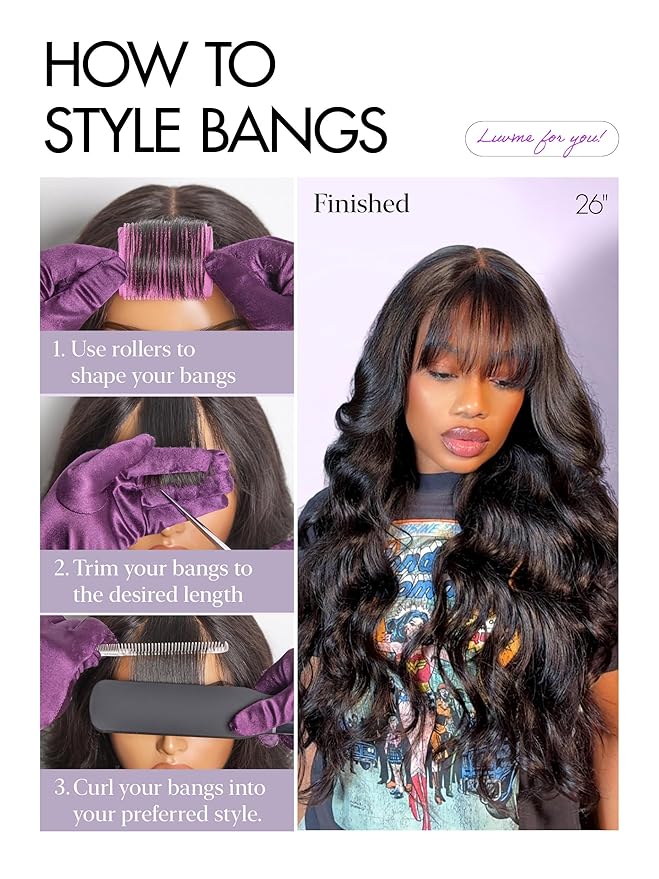 LUVME HAIR 7x6 HD Lace All-Day Comfort Wig with Bangs 200% Density Hair PartingMax Lace Wigs Loose Body Wave Lace Front Wigs Human Hair Pre Cut Plucked Lace Frontal Glueless 20 Inches