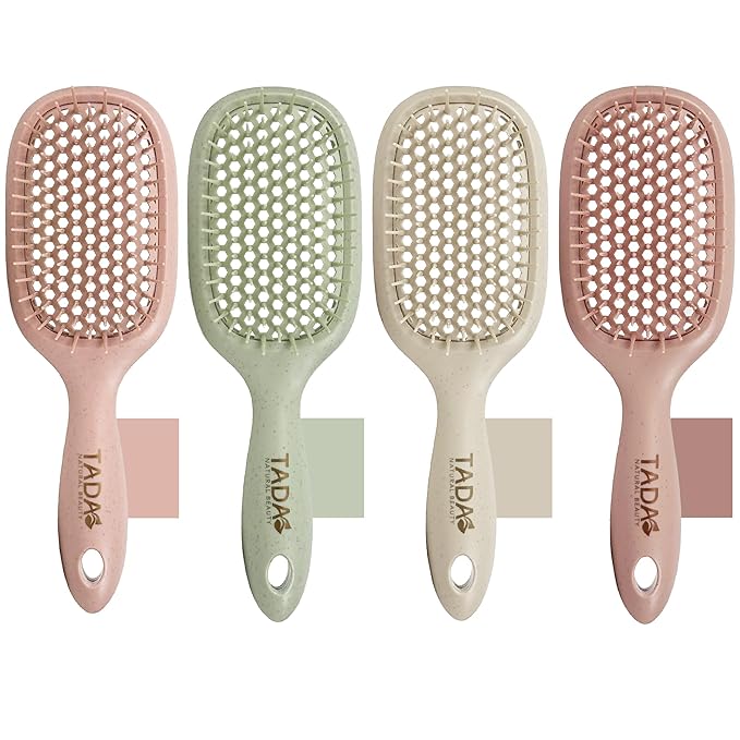 TADA Natural Beauty Hair Brush Detangler for Curly, Thick, Wavy, and Thin Hair - Ventilation Holes for Quick Drying and Styling, Detangler Brush for Women, Men, Kids (4 Colors) (4PK)