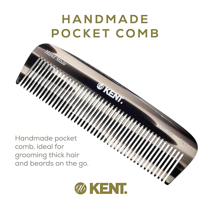 Kent 12T G Wide Tooth Detangling Comb - Handmade Pocket Comb for Thick, Curly, Wavy Hair - Large Tooth Hair and Beard Grooming Comb, Saw-Cut and Hand Polished