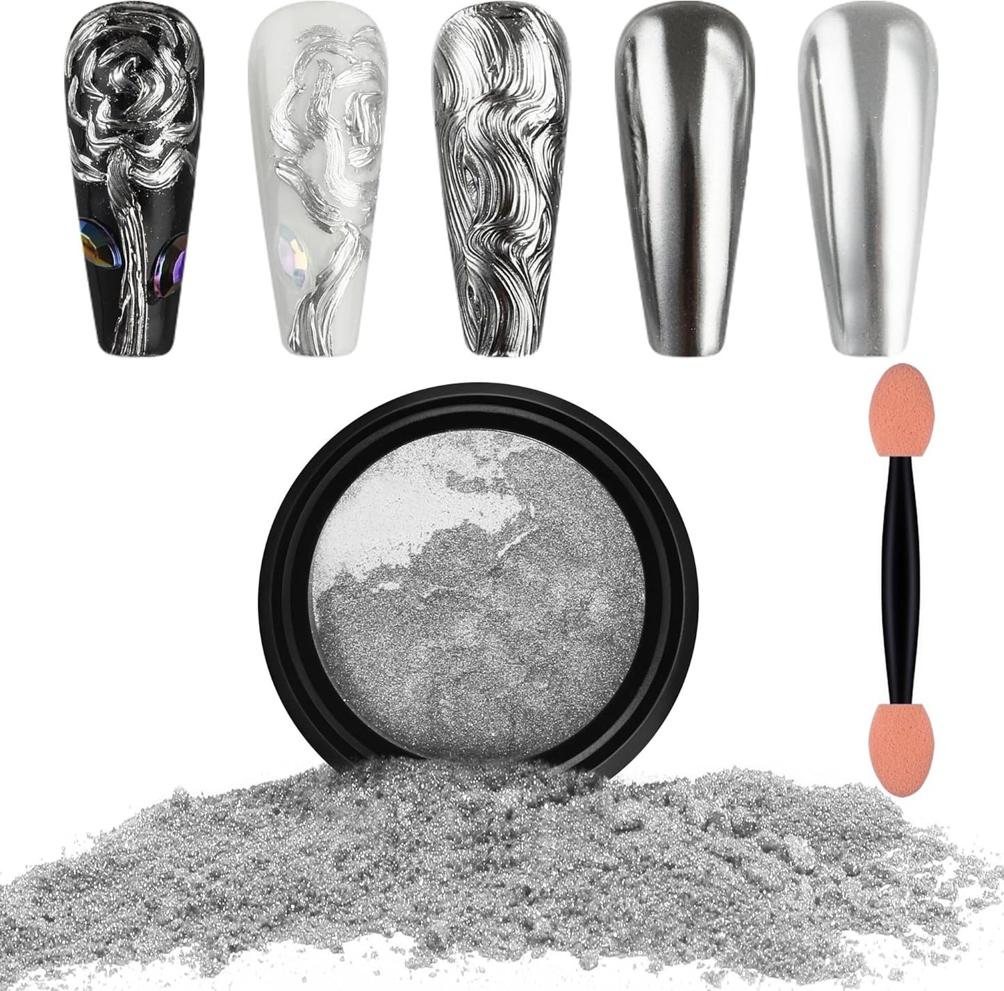 Artdone Chrome Nail Powder, Silver Iridescent Aurora Powder Metallic Mirror Effect Pigment Pearlescent Mermaid Pigment Pearl Glitter Dust Kit, Nail Art Decoration, Resin Craft