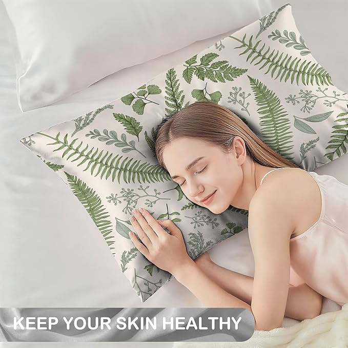 Satin Pillowcase 1 Pack-Leaves Herbs and Wildflowers Eucalyptus Silky Pillow Cover for Hair and Skin,Standard Size 20x26 Inch Soft Cooling Printed Pillow Cases with Hidden Zipper,Gifts for Women Men