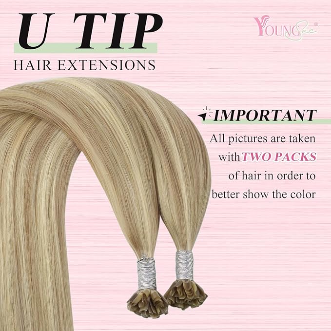 YoungSee U Tip Hair Extensions Human Hair Golden Blonde and Blond Highlight Hair Extensions Utips Hair Extension Real Human Hair Blond Ktip Hair Extension Natural Long Straight 22In 1G/S 50G