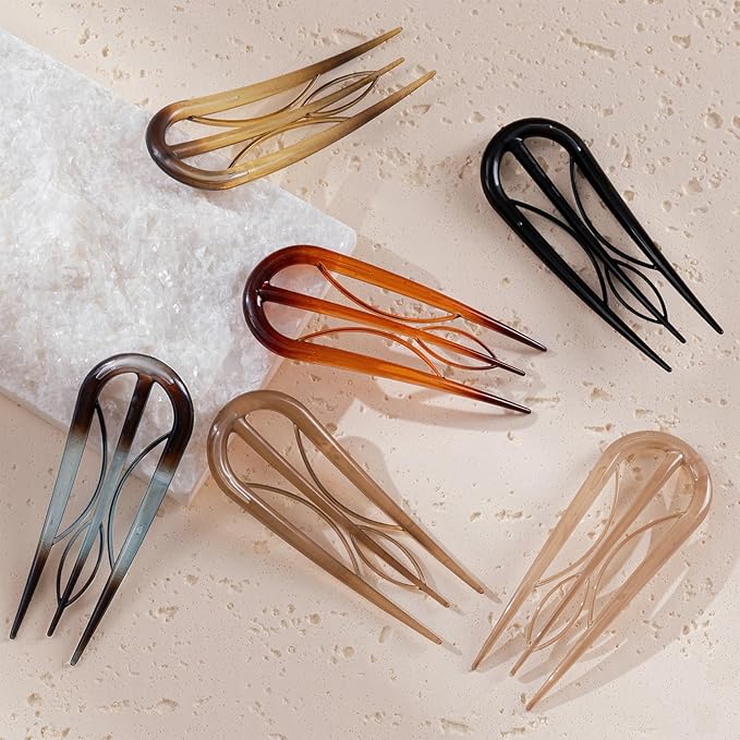 Sunolga 6PCS French Hair Pins for Women, French Pins Hair, 3.94" Large Hair Styling Pins for Thin Thick Hair, Unique 3 Internal Teeth Hair Sticks Hairpin（Amber）