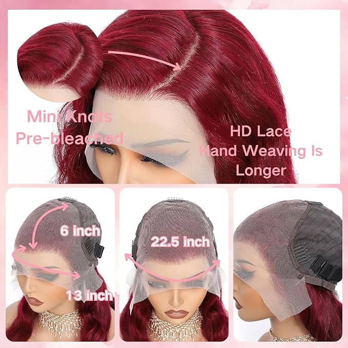 26 Inch 99j Burgundy Lace Front Wigs Human Hair 13x6 HD Transparent Burgundy Wig Human Hair 200 Density Pre Plucked Glueless Frontal Wigs Human Hair for Black Women