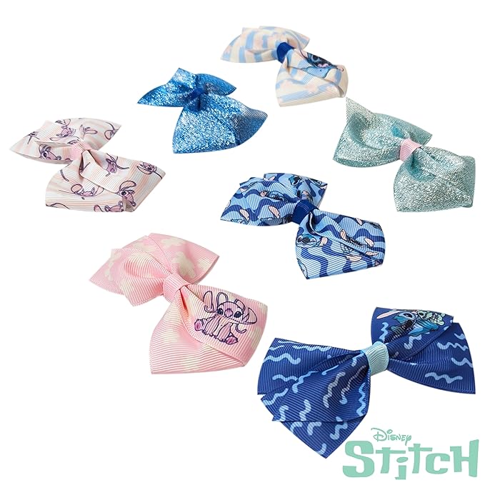 LUV HER Lilo & Stitch Licensed Girls Hair Bows - Themed Hair Accessories Gift Set, 7-Piece 4-Inch Bundle, Alligator Clips, Ages 3+