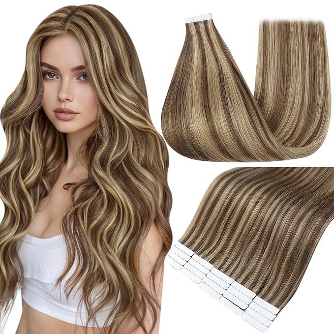 Full Shine Tape in Hair Extensions Human Hair Color 4 Medium Brown Highlight 27 Honey Blonde Fashion Invisible Double Sided Hair Extensions Tape in 20PCS Natural Straight Remy Hair 50g for Party
