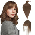 Hairro Mono Hair Toppers with Bangs, 3.4" x 3.4" Mono Base 100% Real Human Hairpieces for Women, 150% Density Clips In Topper for Greyish Thinning Hair, 12 Inch Medium Brown
