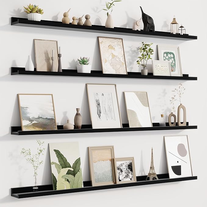 Picture Ledge Shelf for Wall, Floating Shelves Set of 4, 48 Inch Long Nursery Book Shelves for Toys Storage, Kids Bookshelf Wall Mounted for Books Photo Frames, Black